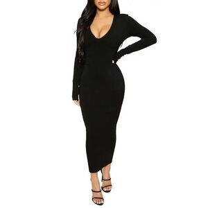 NAKED WARDROBE Black Ribbed V-Neck Maxi Bodycon Dress